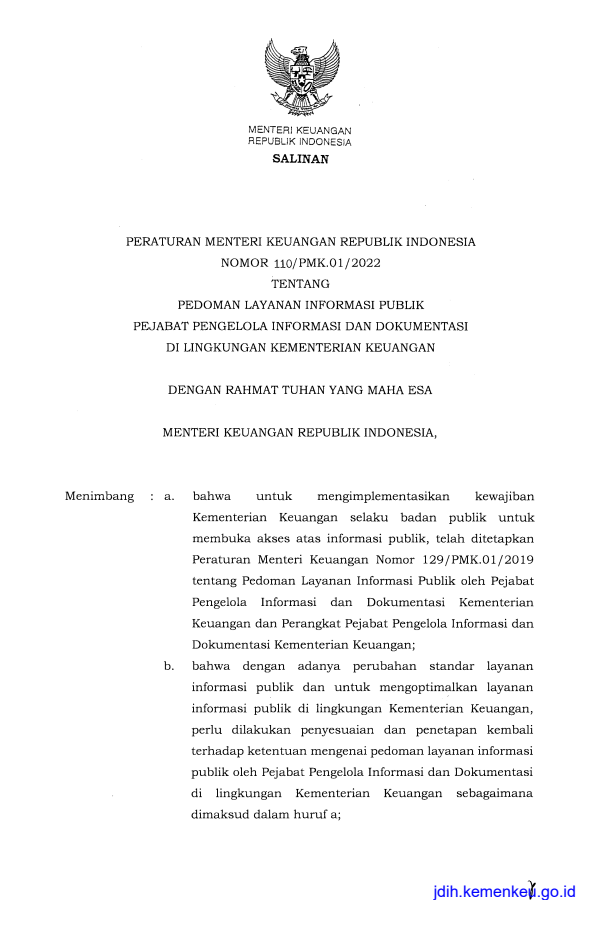 Peraturan Menteri Keuangan Nomor 110/PMK.01/2022