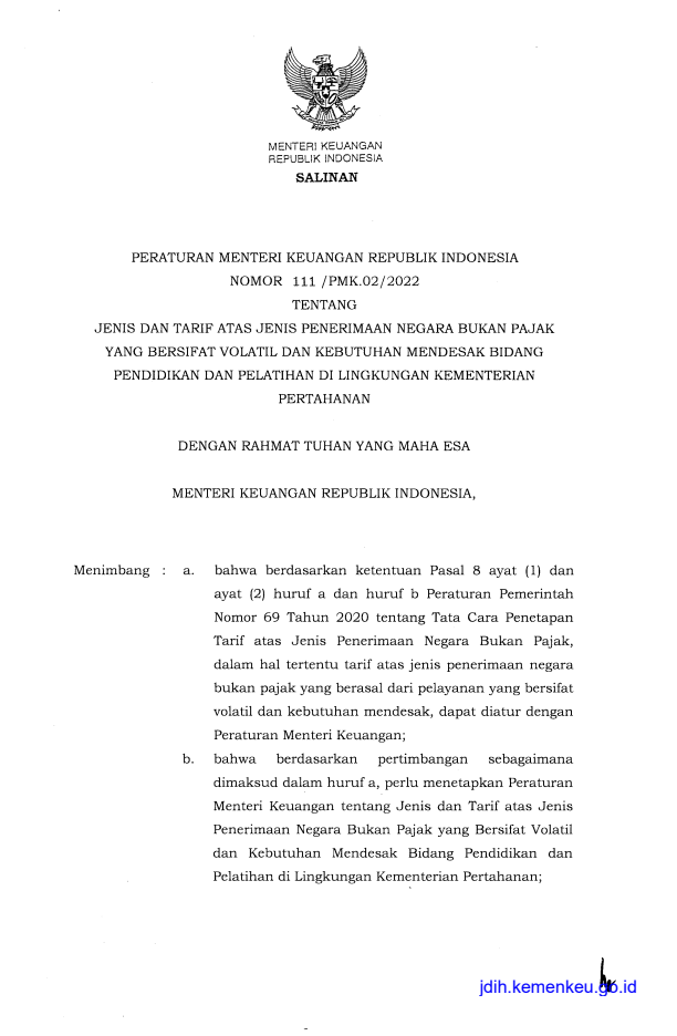 Peraturan Menteri Keuangan Nomor 111/PMK.02/2022