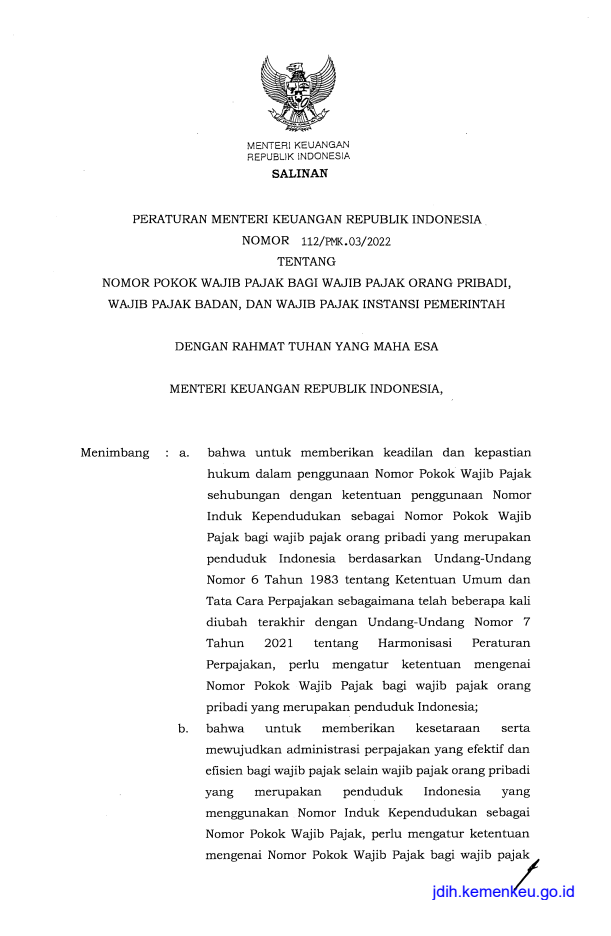 Peraturan Menteri Keuangan Nomor 112/PMK.03/2022