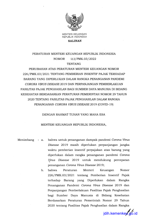 Peraturan Menteri Keuangan Nomor 113/PMK.03/2022