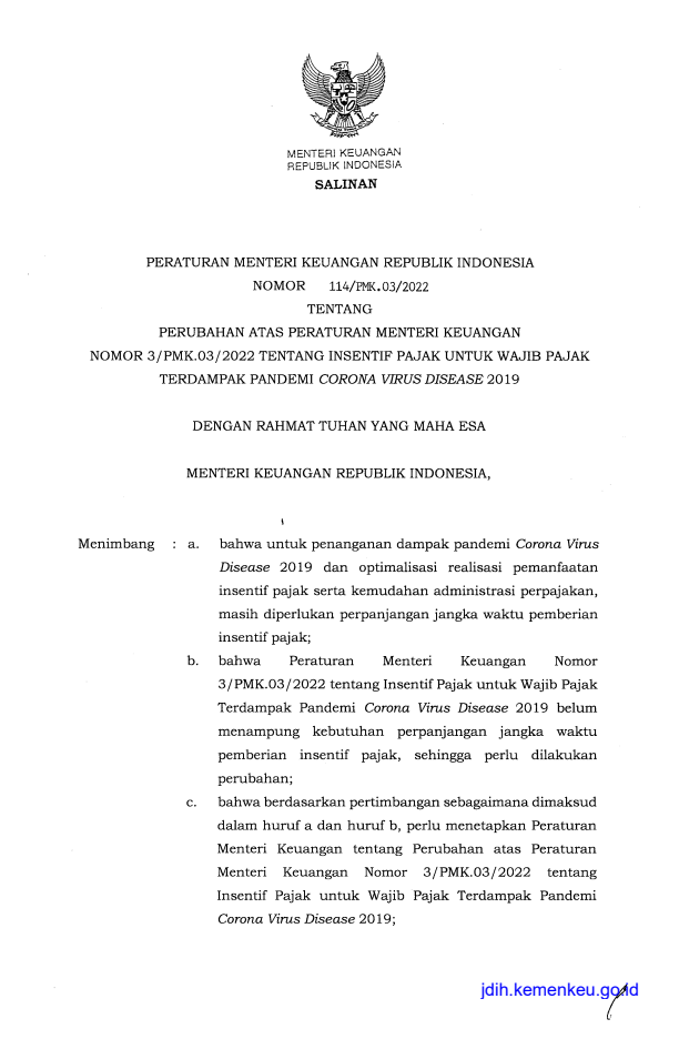 Peraturan Menteri Keuangan Nomor 114/PMK.03/2022