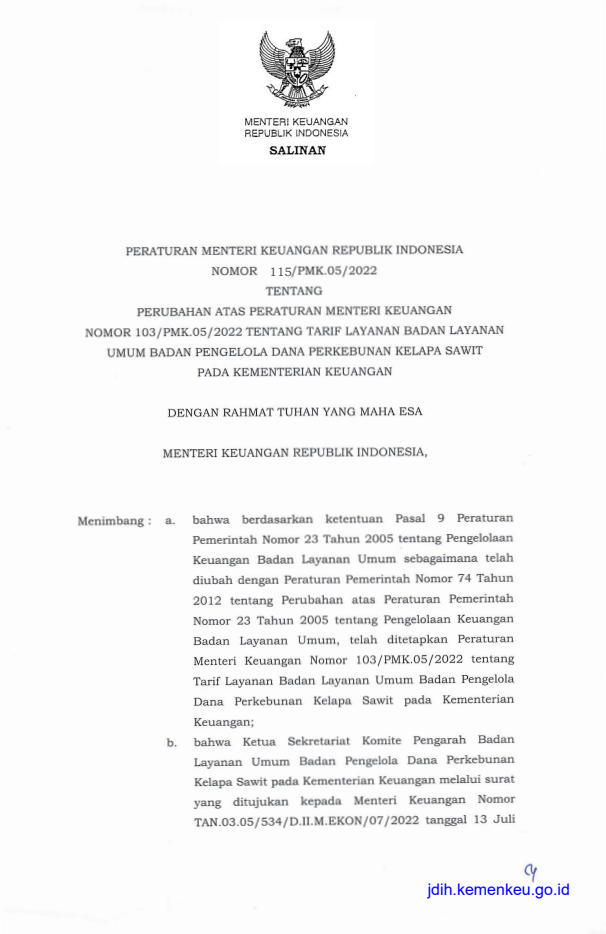 Peraturan Menteri Keuangan Nomor 115/PMK.05/2022