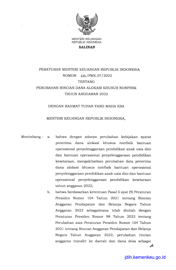 Peraturan Menteri Keuangan Nomor 116/PMK.07/2022