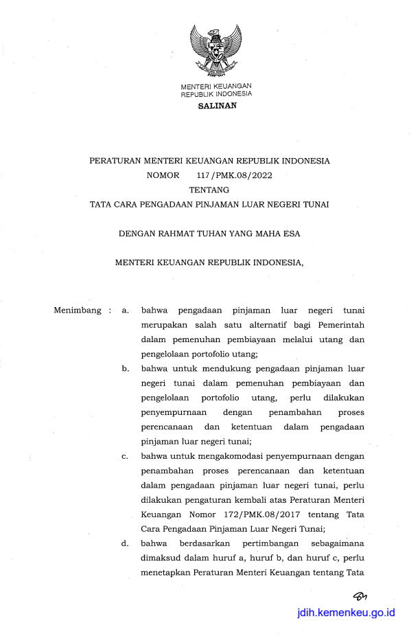 Peraturan Menteri Keuangan Nomor 117/PMK.08/2022