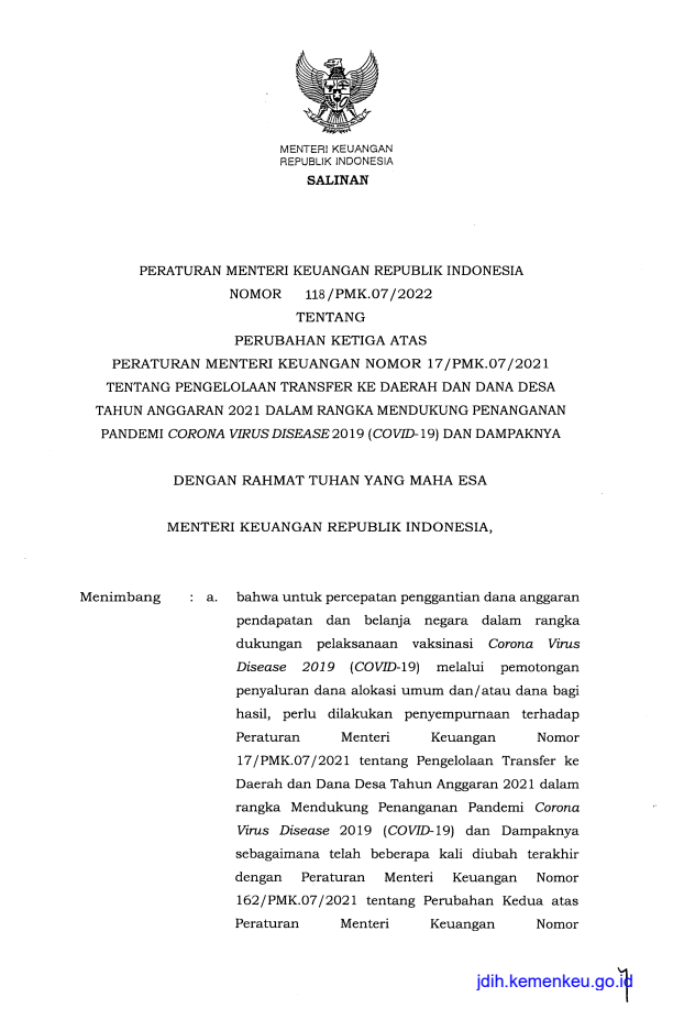 Peraturan Menteri Keuangan Nomor 118/PMK.07/2022