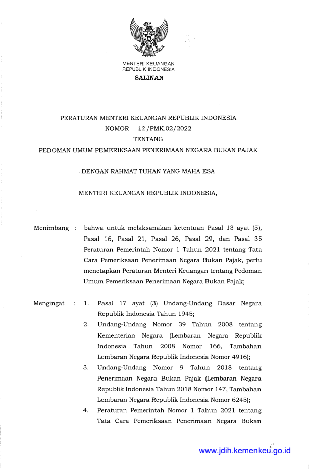 Peraturan Menteri Keuangan Nomor 12/PMK.02/2022