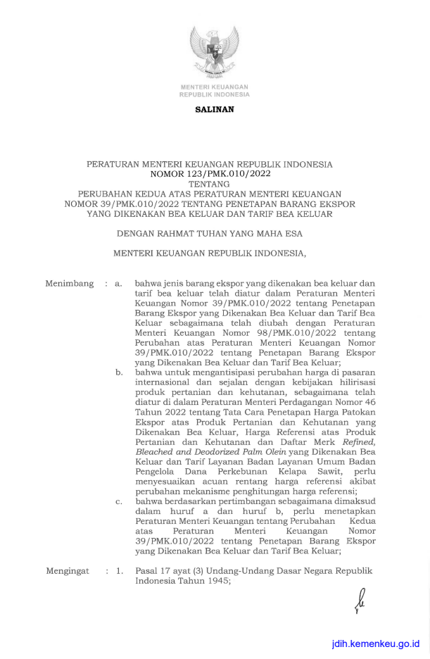 Peraturan Menteri Keuangan Nomor 123/PMK.010/2022