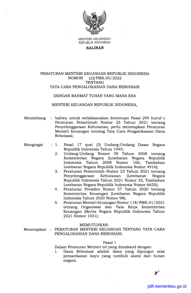 Peraturan Menteri Keuangan Nomor 125/PMK.05/2022