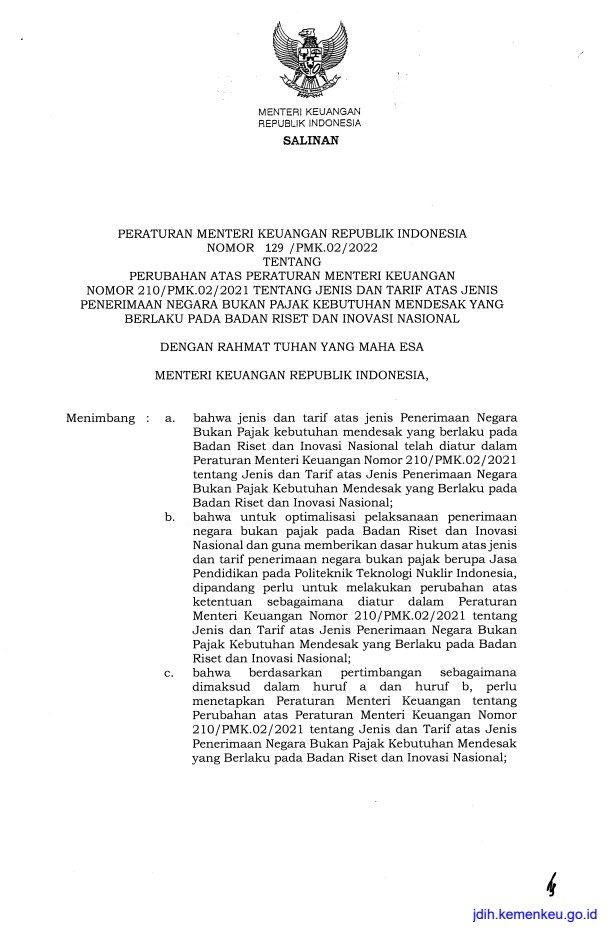 Peraturan Menteri Keuangan Nomor 129/PMK.02/2022