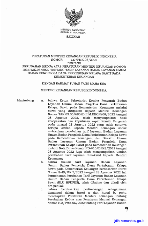 Peraturan Menteri Keuangan Nomor 130/PMK.05/2022