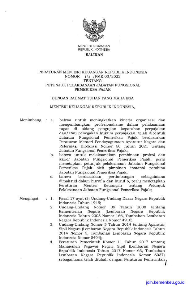 Peraturan Menteri Keuangan Nomor 131/PMK.03/2022