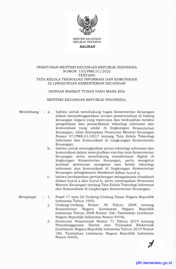 Peraturan Menteri Keuangan Nomor 133/PMK.01/2022