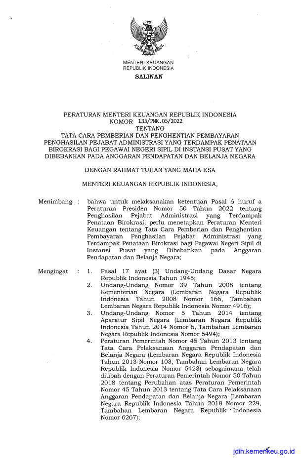 Peraturan Menteri Keuangan Nomor 135/PMK.05/2022