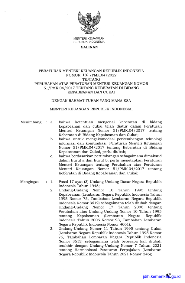 Peraturan Menteri Keuangan Nomor 136/PMK.04/2022