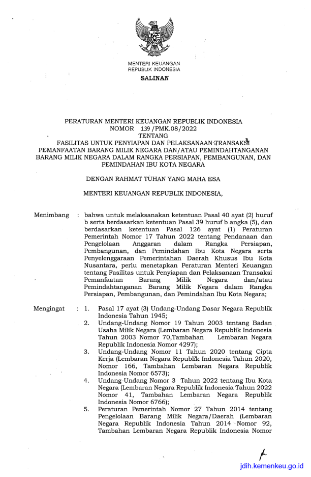 Peraturan Menteri Keuangan Nomor 139/PMK.08/2022