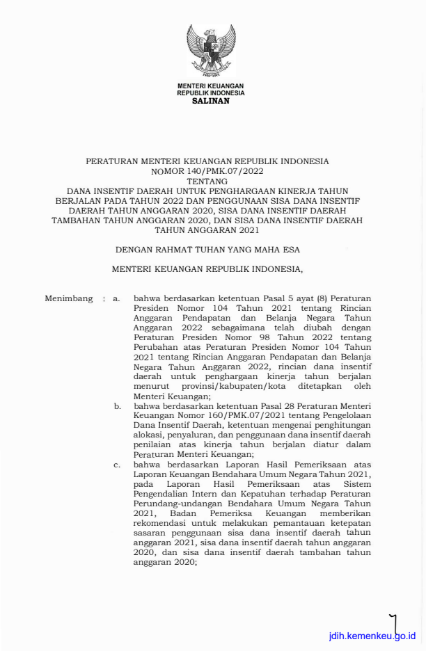 Peraturan Menteri Keuangan Nomor 140/PMK.07/2022