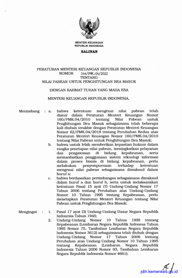 Peraturan Menteri Keuangan Nomor 144/PMK.04/2022