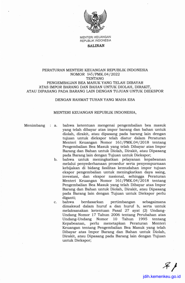 Peraturan Menteri Keuangan Nomor 145/PMK.04/2022