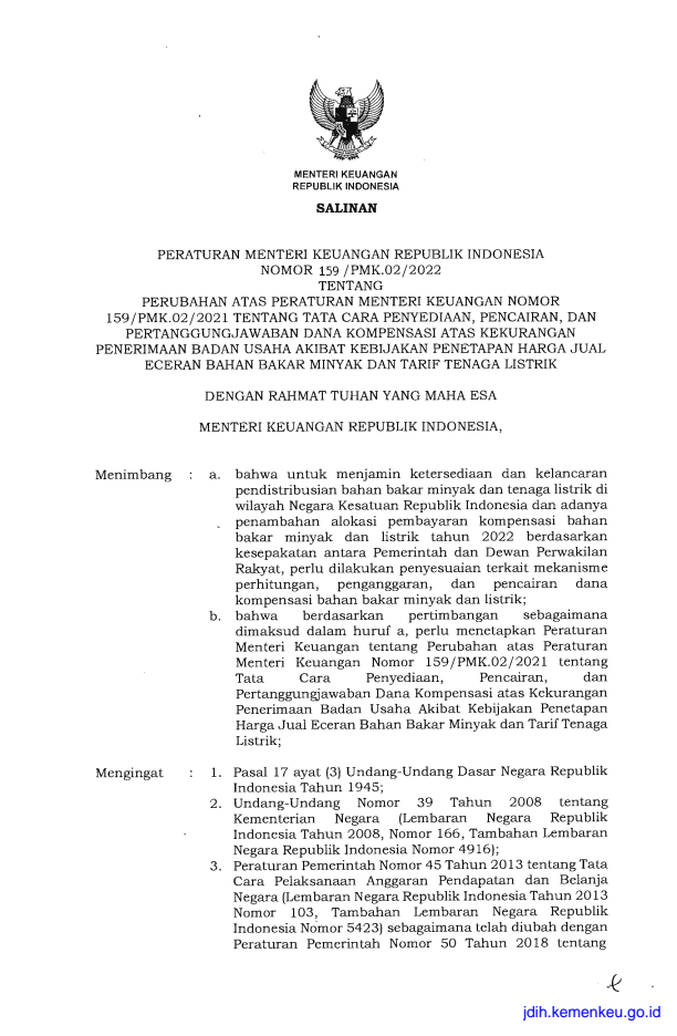 Peraturan Menteri Keuangan Nomor 159/PMK.02/2022