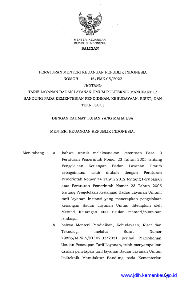 Peraturan Menteri Keuangan Nomor 16/PMK.05/2022