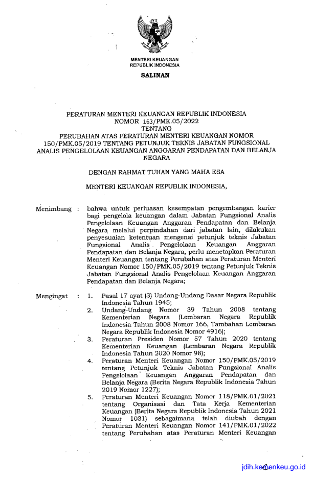 Peraturan Menteri Keuangan Nomor 163/PMK.05/2022