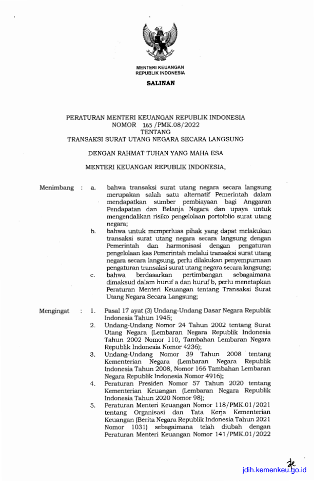 Peraturan Menteri Keuangan Nomor 165/PMK.08/2022