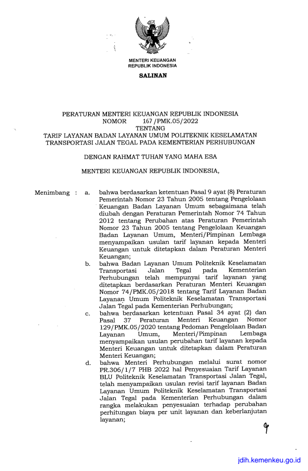 Peraturan Menteri Keuangan Nomor 167/PMK.05/2022