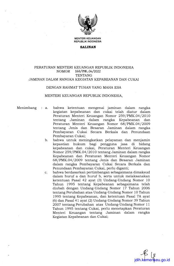 Peraturan Menteri Keuangan Nomor 168/PMK.04/2022
