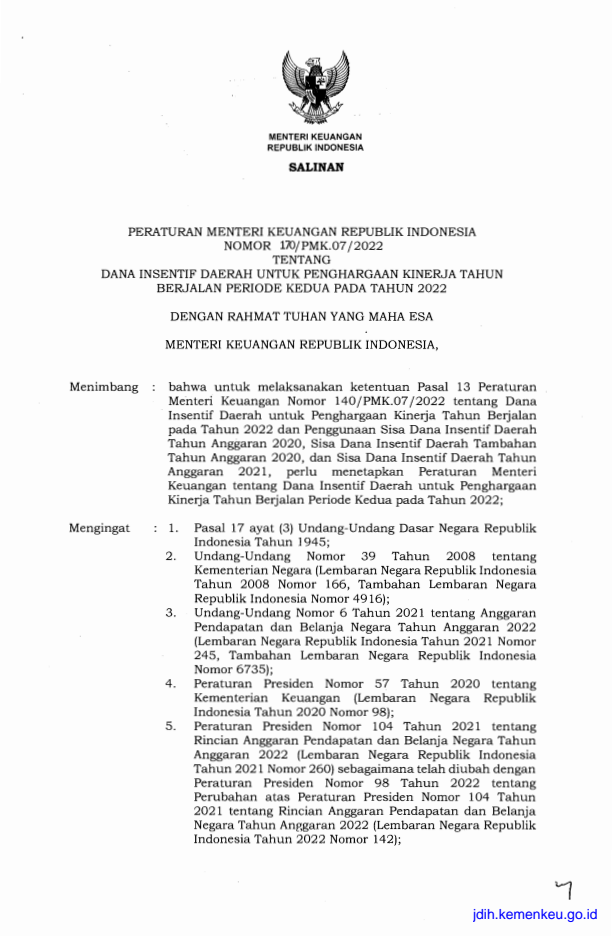 Peraturan Menteri Keuangan Nomor 170/PMK.07/2022