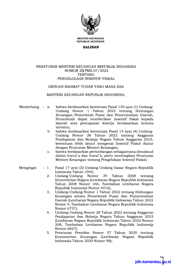 Peraturan Menteri Keuangan Nomor 171/PMK.07/2022