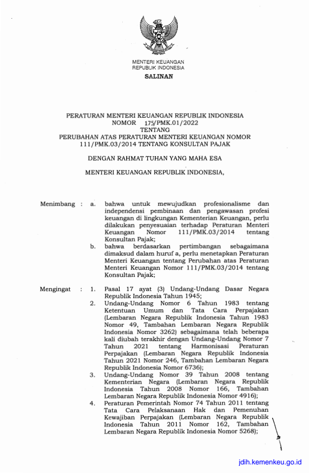 Peraturan Menteri Keuangan Nomor 175/PMK.01/2022