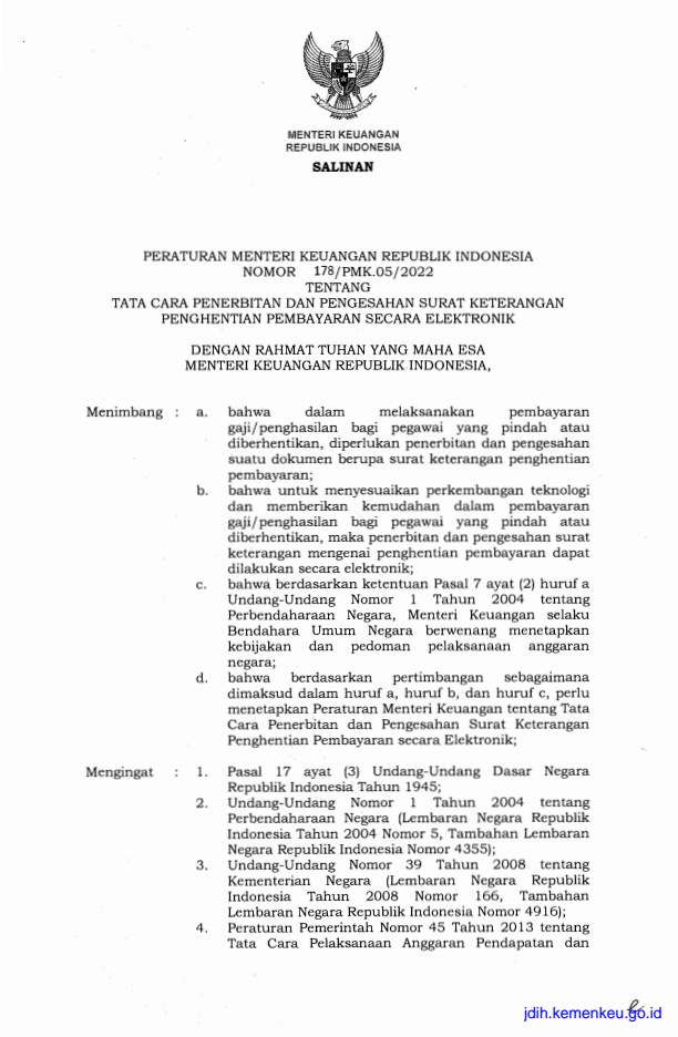 Peraturan Menteri Keuangan Nomor 178/PMK.05/2022