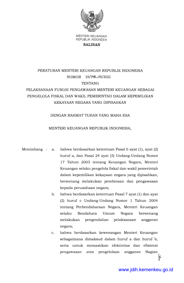 Peraturan Menteri Keuangan Nomor 18/PMK.09/2022