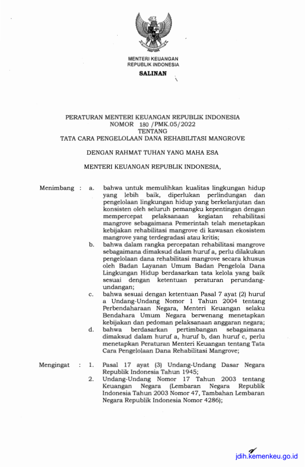 Peraturan Menteri Keuangan Nomor 180/PMK.05/2022