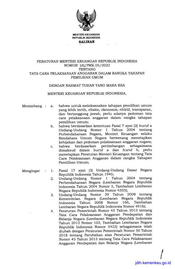 Peraturan Menteri Keuangan Nomor 181/PMK.05/2022