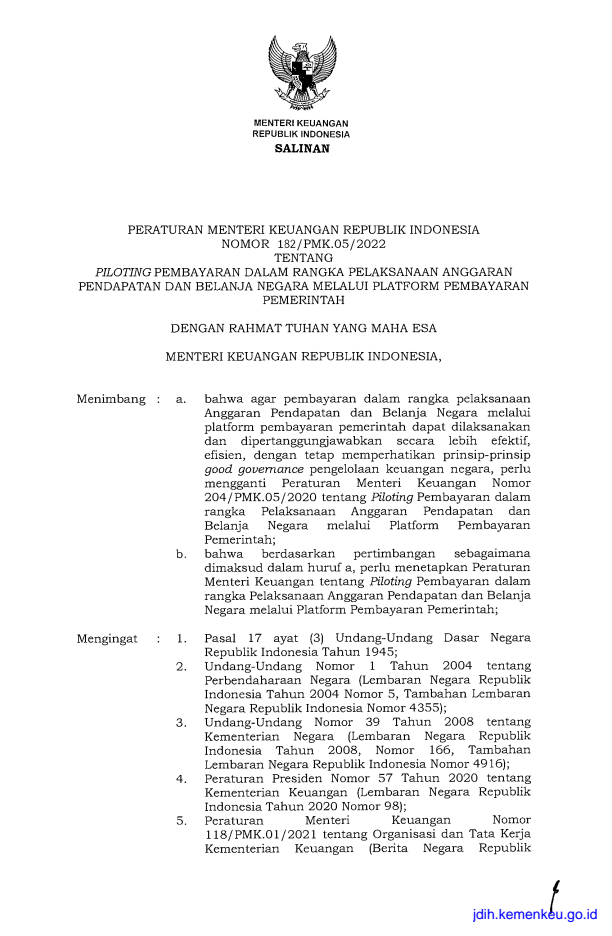Peraturan Menteri Keuangan Nomor 182/PMK.05/2022