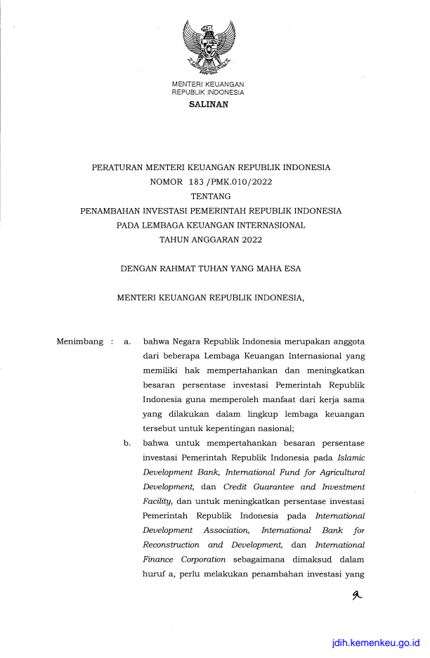 Peraturan Menteri Keuangan Nomor 183/PMK.010/2022