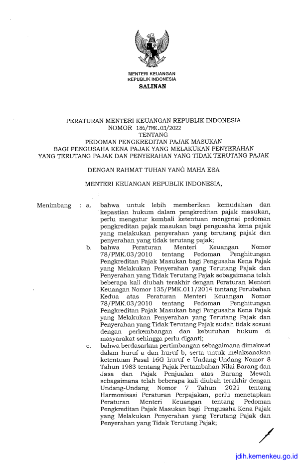 Peraturan Menteri Keuangan Nomor 186/PMK.03/2022