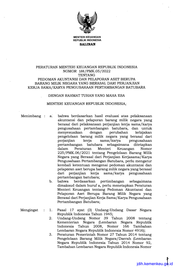 Peraturan Menteri Keuangan Nomor 188/PMK.05/2022