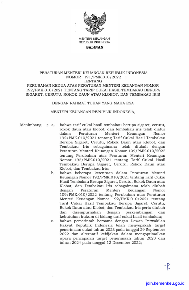 Peraturan Menteri Keuangan Nomor 191/PMK.010/2022