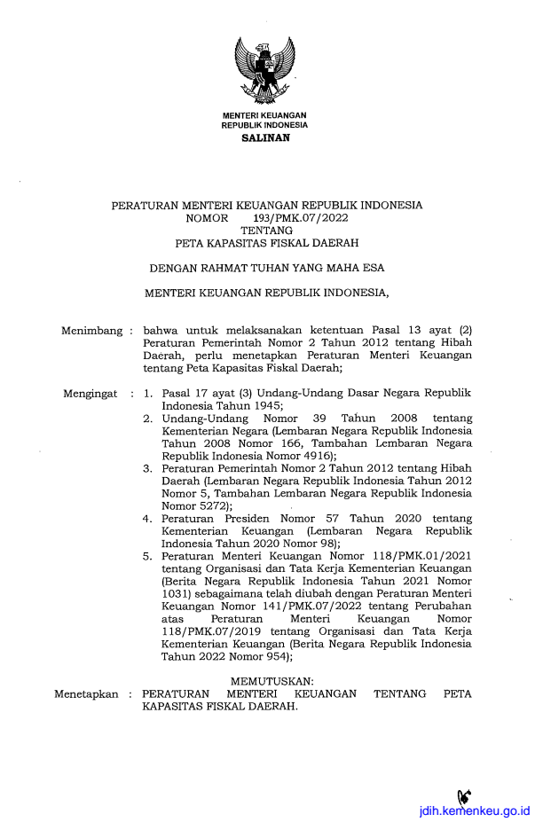 Peraturan Menteri Keuangan Nomor 193/PMK.07/2022