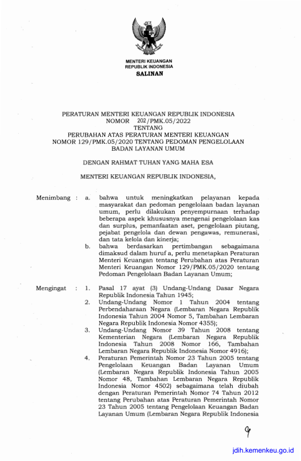 Peraturan Menteri Keuangan Nomor 202/PMK.05/2022