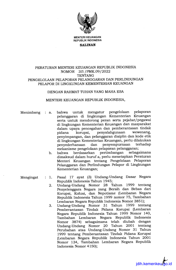 Peraturan Menteri Keuangan Nomor 205/PMK.09/2022