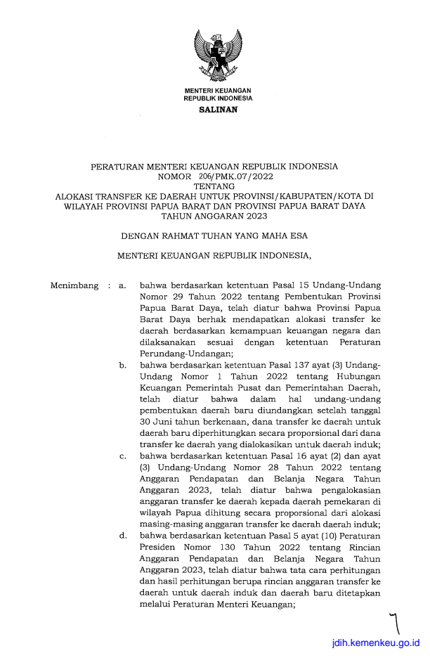 Peraturan Menteri Keuangan Nomor 206/PMK.07/2022