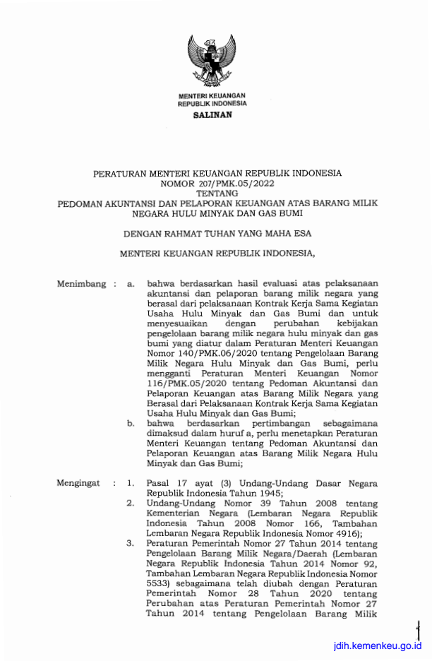 Peraturan Menteri Keuangan Nomor 207/PMK.05/2022