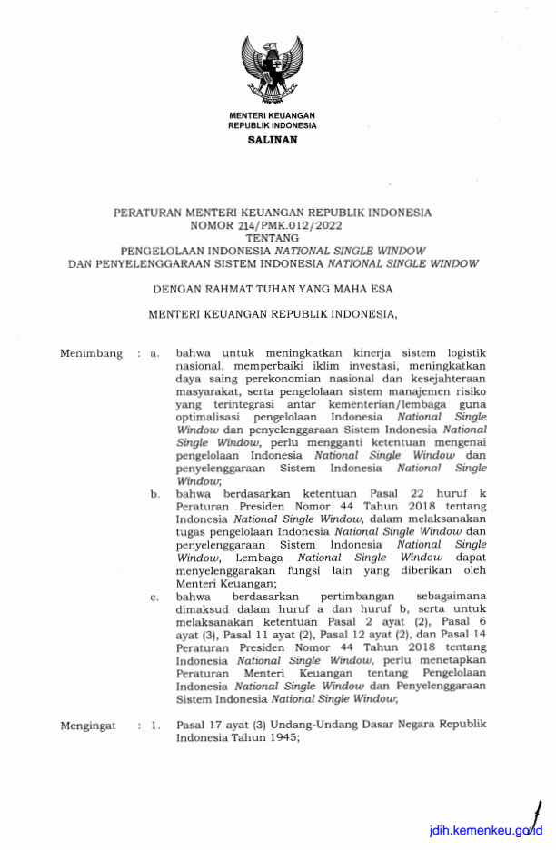 Peraturan Menteri Keuangan Nomor 214/PMK.012/2022