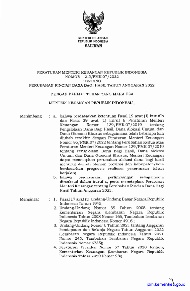 Peraturan Menteri Keuangan Nomor 215/PMK.07/2022