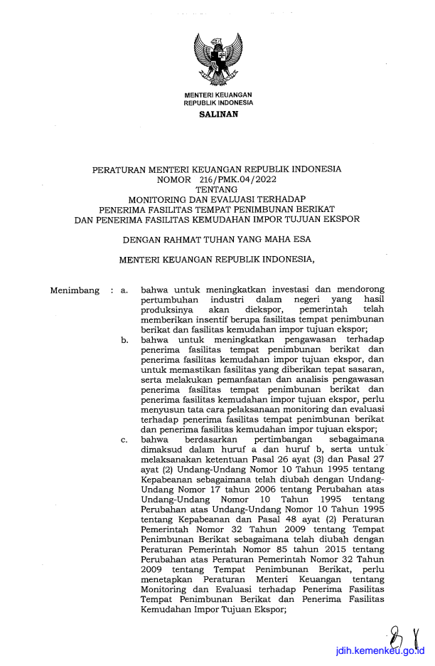 Peraturan Menteri Keuangan Nomor 216/PMK.04/2022