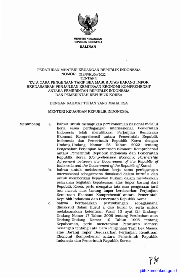 Peraturan Menteri Keuangan Nomor 219/PMK.04/2022