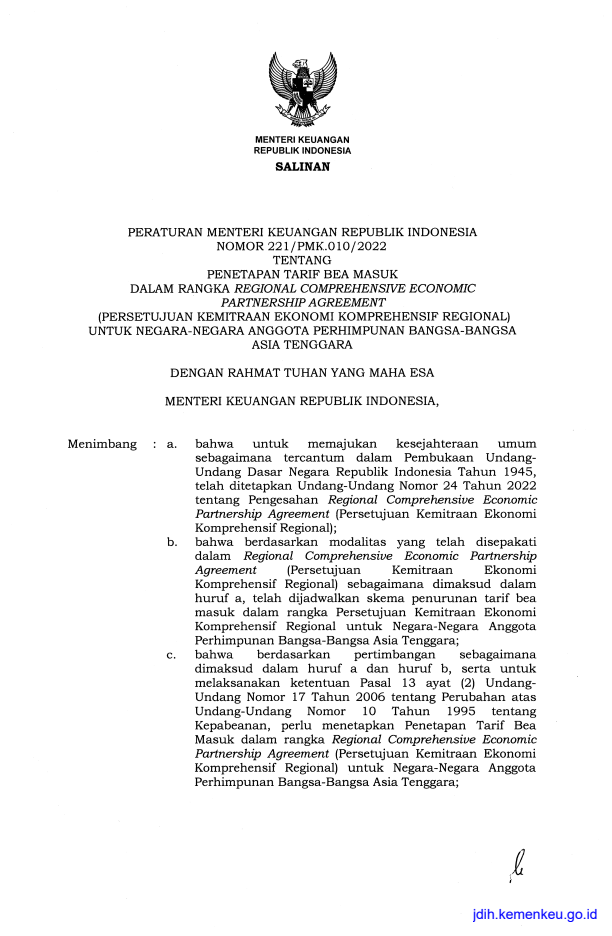 Peraturan Menteri Keuangan Nomor 221/PMK.010/2022